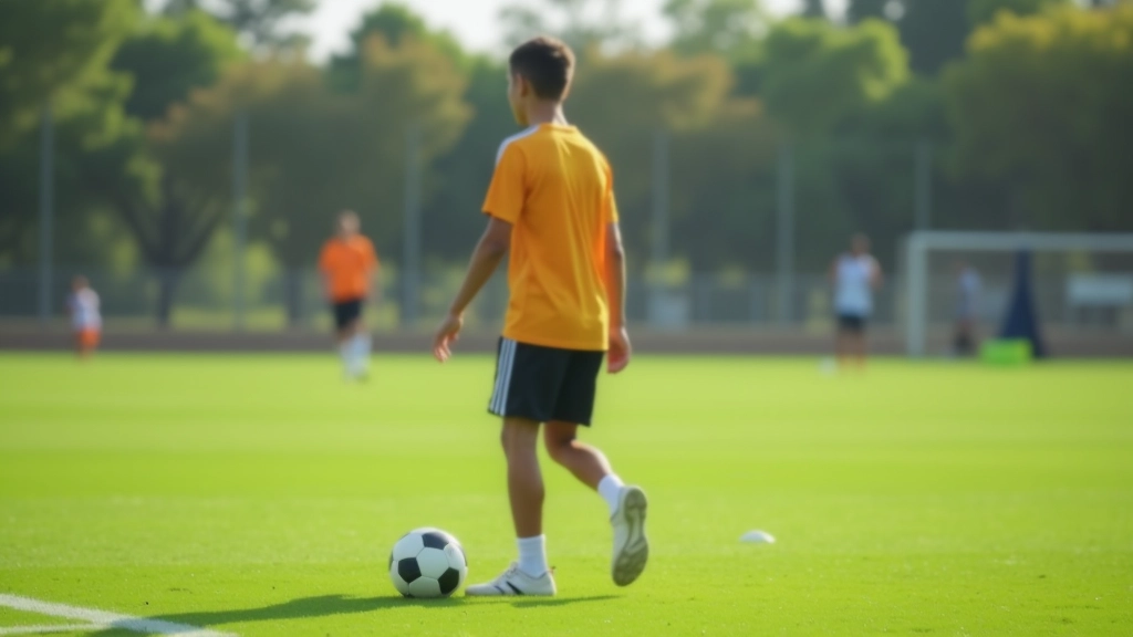 لاعب صغير يمارس المشي مع الكرة في ملعب تدريب آمن